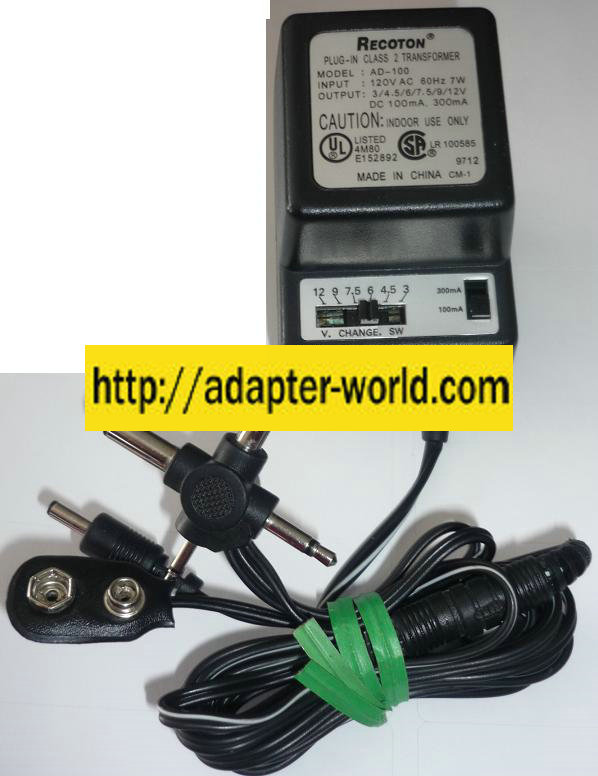 RECOTON AD-100 AC ADAPTER 100VDC 300mA NEW -( ) 2x5.5mm UNIVERS - Click Image to Close